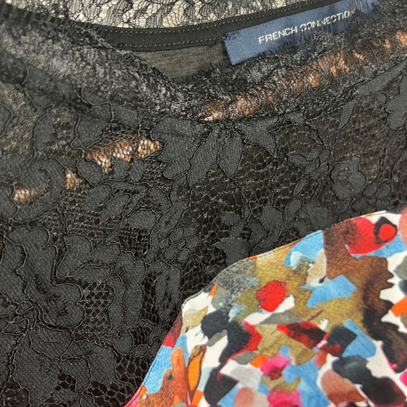 French Connection multi color chiffon black lace top - Picture 4 of 7